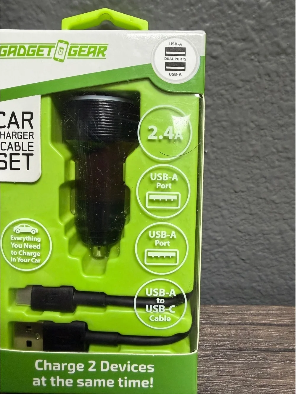 2.4A Car Charger Adapter Dual USB Ports with USB-A to USB-C Cable Set Fast Black
